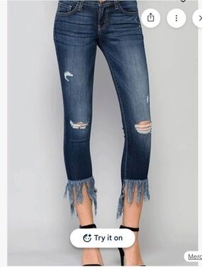 Flying Monkey Dark Blue Cropped Fringe Hem Jeans - Women 24